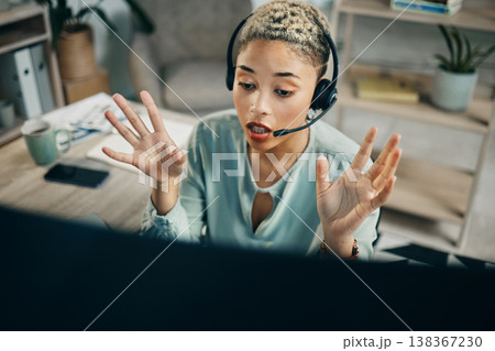 Call center, computer video call and business woman consulting for advisory, telecom or telemarketing sales pitch. Customer service, help desk and agent on web conference, webinar or online meeting Call center, computer video call and business woman consulting for advisory, telecom or telemarketing sales pitch. Customer service, help desk and agent on web conference, webinar or online meeting 138367230