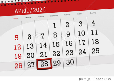 Calendar 2026, deadline, day, month, page, organizer, date, April, tuesday, number 28 138367259