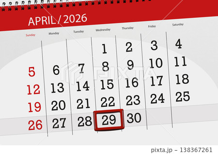 Calendar 2026, deadline, day, month, page, organizer, date, April, wednesday, number 29 Calendar 2026, deadline, day, month, page, organizer, date, April, wednesday, number 29 138367261
