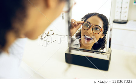 Optometry store, mirror and woman surprise over eyeglasses decision, optical clinic product or prescription eyewear. Face reflection, ocular eye care and customer shocked, wow and excited for glasses Optometry store, mirror and woman surprise over eyeglasses decision, optical clinic product or prescription eyewear. Face reflection, ocular eye care and customer shocked, wow and excited for glasses 138367322