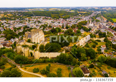 Aerial view of Loches overlooking fortified royal Chateau, France Aerial view of Loches overlooking fortified royal Chateau, France 138367359
