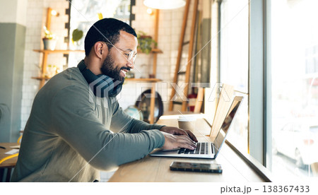 Man, remote work and laptop in coffee shop, productivity with freelance worker and copywriter, writing article and blog. Workflow, typing on pc in cafe and copywriting with technology and research 138367433