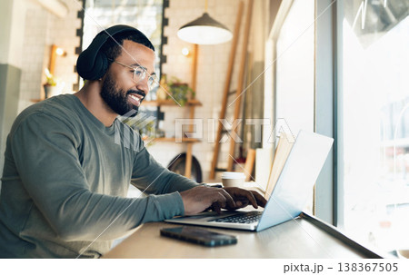 Man, remote work and laptop in cafe, headphones and productivity with freelancer and copywriter, writing article and blog. Workflow, typing on pc in coffee shop and copywriting with music or research Man, remote work and laptop in cafe, headphones and productivity with freelancer and copywriter, writing article and blog. Workflow, typing on pc in coffee shop and copywriting with music or research 138367505