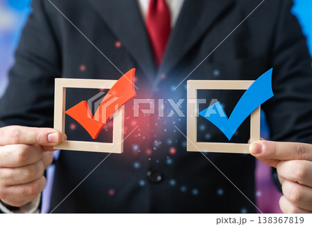 Two voting checkboxes represent rivalry between political candidates. Electoral competition shapes outcomes. Campaign strategy, public choice, influence leadership and political balance Two voting checkboxes represent rivalry between political candidates. Electoral competition shapes outcomes. Campaign strategy, public choice, influence leadership and political balance 138367819