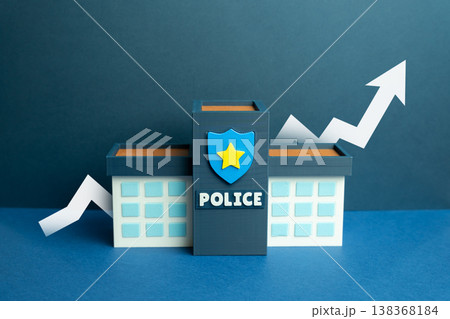 Police station with a growth arrow indicates strengthening law enforcement. Increased crime detection improves urban safety. Investment in security systems enhances public trust and city protection 138368184