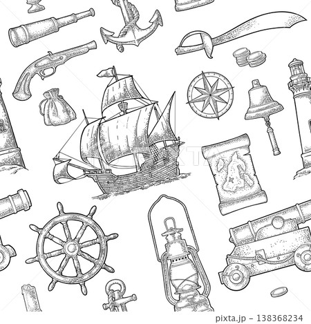 Seamless pattern engraving caravel, anchor, wheel, compass rose, spyglass, bell, lifebuoy, wheel Seamless pattern engraving caravel, anchor, wheel, compass rose, spyglass, bell, lifebuoy, wheel 138368234