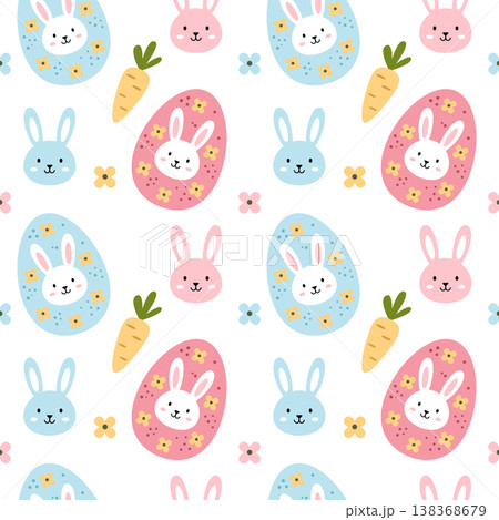 Cute Easter seamless pattern with bunnies eggs and carrots on white background Cute Easter seamless pattern with bunnies eggs and carrots on white background 138368679