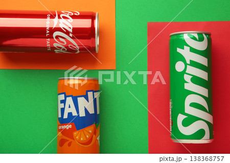 Mykolaiv, Ukraine - March 25, 2026 - Can of Coca-cola , Fanta and Sprite carbonated soft drink logo on colorful background Mykolaiv, Ukraine - March 25, 2026 - Can of Coca-cola , Fanta and Sprite carbonated soft drink logo on colorful background 138368757