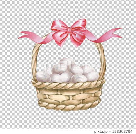Watercolor Easter basket with white eggs and pink bow, hand drawn illustration isolated on white background. Organic food illustration for spring design 138368794