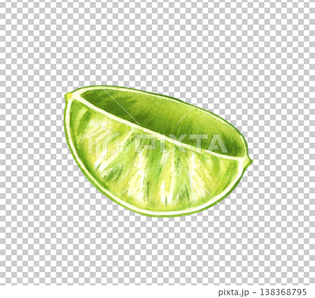 A quarter of ripe green lime on an isolated background. Watercolor illustration of a slice of juicy fruit. Realistic clipart for cocktails, drinks, and menus. A quarter of ripe green lime on an isolated background. Watercolor illustration of a slice of juicy fruit. Realistic clipart for cocktails, drinks, and menus. 138368795
