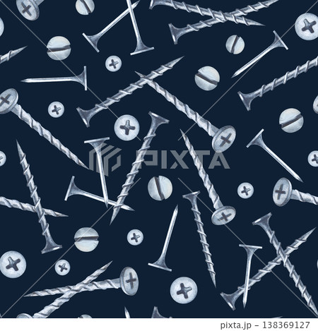 Seamless pattern with screws, self-tapping screws and nails on a dark background. Watercolor illustration of realistic working tools for home renovation. Background for packaging, wallpaper, wrapping 138369127