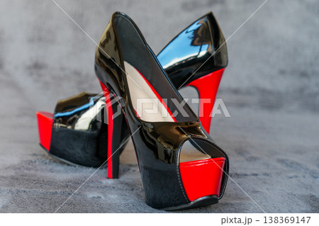 Black and red platform open toe high heels glossy patent leather bold fashion statement luxury style 138369147