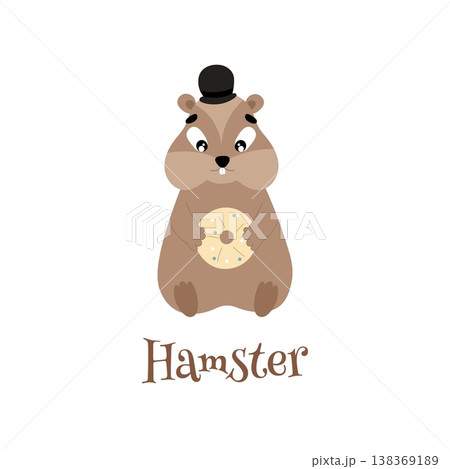 Vector illustration of a cute hamster in a hat who is holding a donut in his hands Vector illustration of a cute hamster in a hat who is holding a donut in his hands 138369189