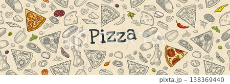 Seamless pattern slice pizza Pepperoni, Margherita, Mexican with ingredients. Vintage vector engrave Seamless pattern slice pizza Pepperoni, Margherita, Mexican with ingredients. Vintage vector engrave 138369440