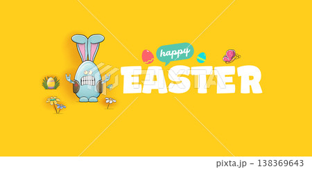 Happy Easter banner with funny rocker bunny character. Blue egg-shaped rabbit showing rock hand sign on yellow background. Creative easter spring holiday header with eggs, flowers and butterfly. Happy Easter banner with funny rocker bunny character. Blue egg-shaped rabbit showing rock hand sign on yellow background. Creative easter spring holiday header with eggs, flowers and butterfly. 138369643
