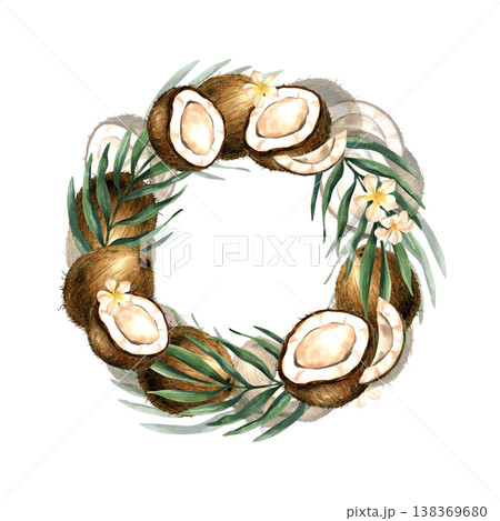 Coconut round wreath. Coco fruit, tropical greenery and white flowers. Watercolor frame, hand drawn illustration with exotic blossom, leaves isolated from background. Logo design, branding, packaging Coconut round wreath. Coco fruit, tropical greenery and white flowers. Watercolor frame, hand drawn illustration with exotic blossom, leaves isolated from background. Logo design, branding, packaging 138369680