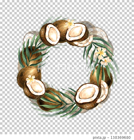 Coconut round wreath. Coco fruit, tropical greenery and white flowers. Watercolor frame, hand drawn illustration with exotic blossom, leaves isolated from background. Logo design, branding, packaging Coconut round wreath. Coco fruit, tropical greenery and white flowers. Watercolor frame, hand drawn illustration with exotic blossom, leaves isolated from background. Logo design, branding, packaging 138369680