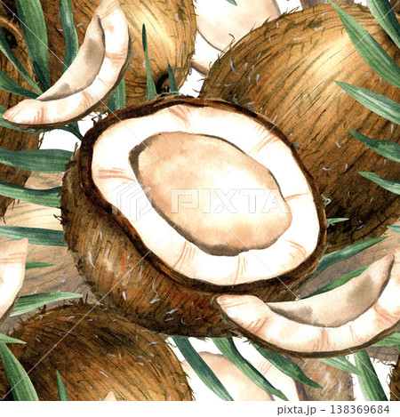 Tropical coconut seamless pattern. Watercolor summer exotic fruit with greenery. Isolated hand drawn illustration for organic healthy food and cosmetics packaging, textile, wallpaper 138369684