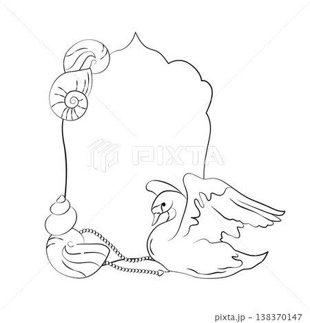 Hand-drawn frame template with sea treasures, shell, pearls and romantic swan graphic illustration for wedding decor, cards, menu 138370147