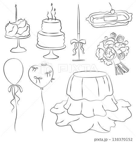 Hand-drawn birthday decor elements, round banquet table, air balloons, birthday cake and bouquet in line art graphic style 138370152
