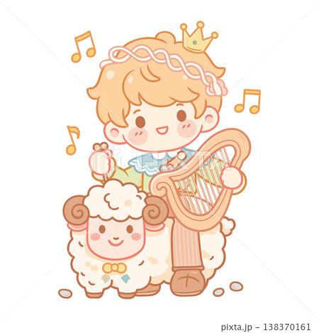 Adorable Chibi Vector Illustration of the Biblical Young David as a Shepherd Boy Wearing a Crown Playing a Lyre with Little Sheep and Five Smooth Stones 138370161