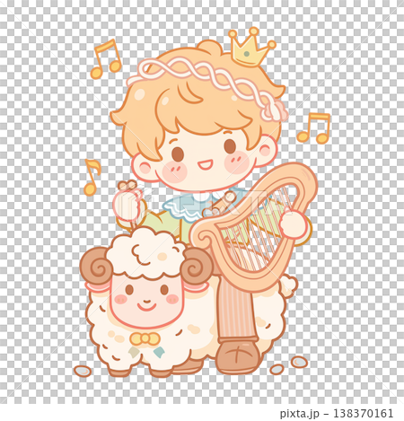 Adorable Chibi Vector Illustration of the Biblical Young David as a Shepherd Boy Wearing a Crown Playing a Lyre with Little Sheep and Five Smooth Stones 138370161