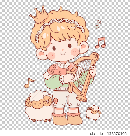 Adorable Chibi Vector Illustration of the Biblical Young David as a Shepherd Boy Wearing a Crown Playing a Lyre with Little Sheep and Five Smooth Stones 138370163