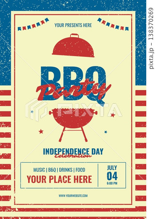 Retro BBQ party poster for 4th of July celebration with grill illustration and patriotic frame. Vintage Independence Day event flyer in Americana style. Vector illustration Retro BBQ party poster for 4th of July celebration with grill illustration and patriotic frame. Vintage Independence Day event flyer in Americana style. Vector illustration 138370269