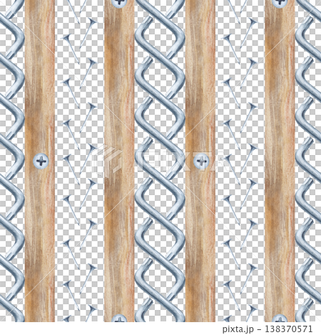 Seamless pattern of vertical wooden panels, nails and furniture keys on an isolated background. Watercolor illustration with working tools for home renovation. Background for packaging, printing 138370571