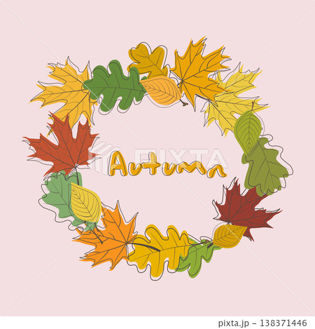 Autumn frame background. Wreath of autumn leaves. Multicolored maple, oak and ash  leves. Vector EPS 10 138371446