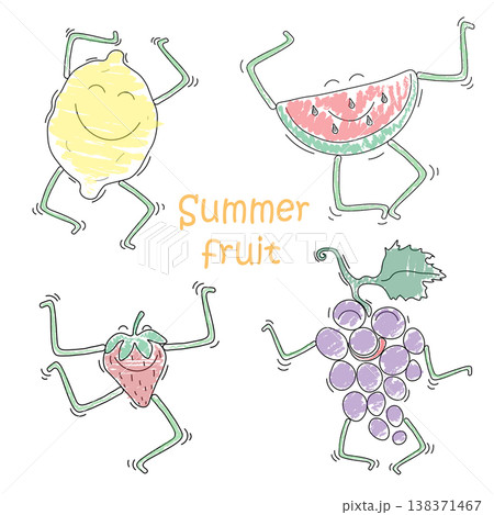 Funny dancing fruit doodle. Lemon, watermelon, strawberries, grapes. Comic character. Vector EPS 10 138371467