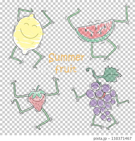 Funny dancing fruit doodle. Lemon, watermelon, strawberries, grapes. Comic character. Vector EPS 10 138371467