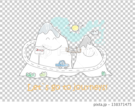 Road trip doodle. Mountain landscape for journey. Comic character. Vector EPS 10 Road trip doodle. Mountain landscape for journey. Comic character. Vector EPS 10 138371475