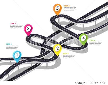 Road trip and Journey route background. Business and Journey Infographic Design Template. Stylish 3D Winding roads of the flyover. Vector EPS 10 Road trip and Journey route background. Business and Journey Infographic Design Template. Stylish 3D Winding roads of the flyover. Vector EPS 10 138371484