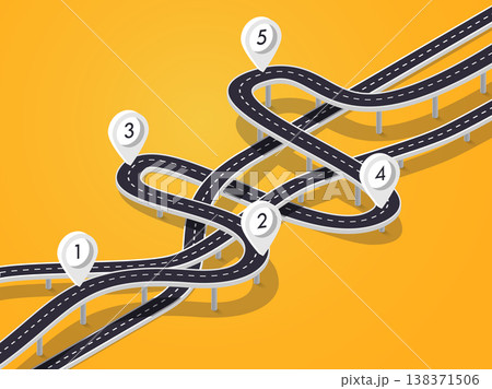 Road trip and Journey route background. Business and Journey Infographic Design Template. Stylish 3D Winding roads of the flyover. Vector EPS 10 Road trip and Journey route background. Business and Journey Infographic Design Template. Stylish 3D Winding roads of the flyover. Vector EPS 10 138371506