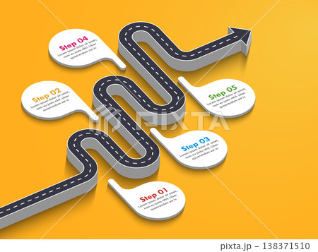 Road way location infographic template with a phased structure. Winding road timeline. Stylish 3D Serpentine in the form of line arrows. Vector EPS 10 138371510