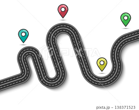 Road way location infographic template with pin pointer. Winding road on a colorful background. Stylish streamers. Vector EPS 10 138371523