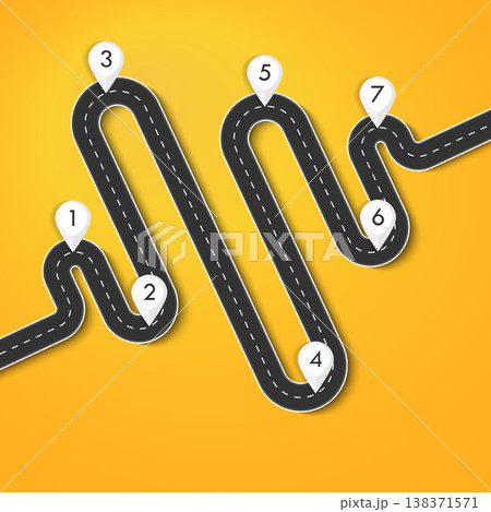 Road way location infographic template with pin pointer. Winding road on a colorful background. Stylish streamers. Vector EPS 10 Road way location infographic template with pin pointer. Winding road on a colorful background. Stylish streamers. Vector EPS 10 138371571