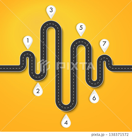 Road way location infographic template with pin pointer. Winding road on a colorful background. Stylish streamers. Vector EPS 10 138371572