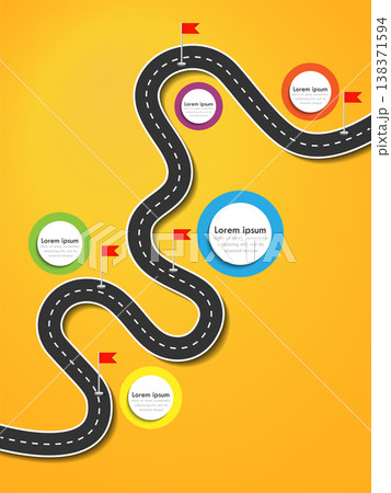 Road trip and Journey route. Business and Journey Infographic Design Template with flags and place for your data. Winding road on a colorful background. Stylish streamers. Vector EPS 10 138371594