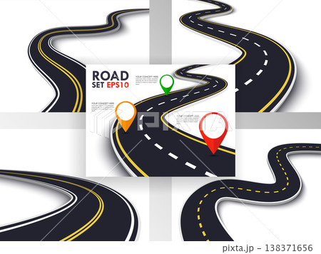 Winding Road Set. Trip and Journey Route. Business and Journey Infographic Design Template with Pin Pointer. Winding Road on a White Isolated Background. 3D Stylish Streamers. Vector EPS 10 Winding Road Set. Trip and Journey Route. Business and Journey Infographic Design Template with Pin Pointer. Winding Road on a White Isolated Background. 3D Stylish Streamers. Vector EPS 10 138371656
