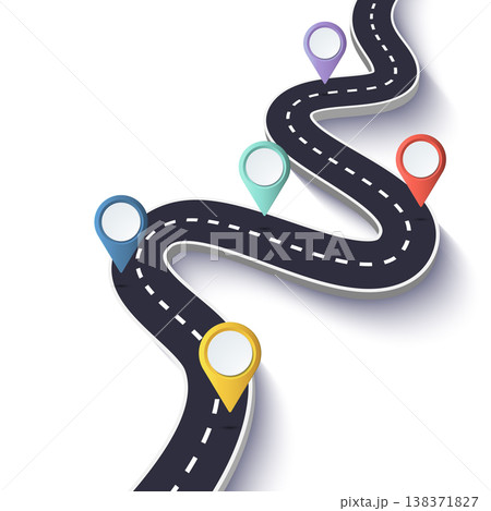 Winding Road on a White Isolated Background. Road way location infographic template with pin pointer. Vector EPS 10 138371827
