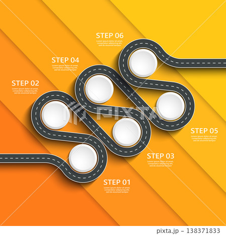 Winding road way location infographic template with a phased structure. Business circle template with options for brochure, diagram, workflow, timeline, web design. Vector EPS 10 Winding road way location infographic template with a phased structure. Business circle template with options for brochure, diagram, workflow, timeline, web design. Vector EPS 10 138371833