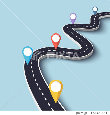 Winding Road on a Colorful Background. Road way location infographic template with pin pointer. Vector EPS 10 Winding Road on a Colorful Background. Road way location infographic template with pin pointer. Vector EPS 10 138371841