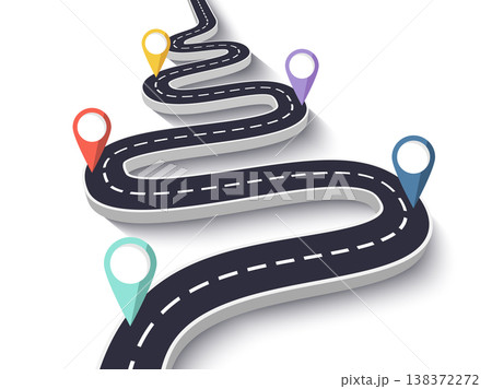 Winding Road on a White Isolated Background. Road way location infographic template with pin pointer. Vector EPS 10 138372272