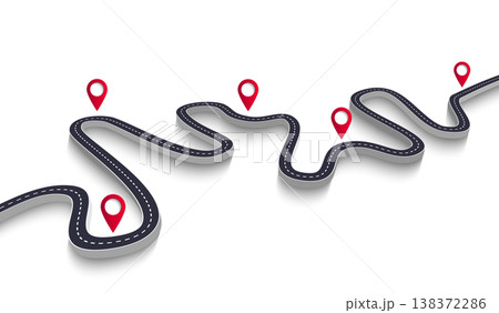 Winding Road on a White Isolated Background. Road way location infographic template with pin pointer. Vector EPS 10 Winding Road on a White Isolated Background. Road way location infographic template with pin pointer. Vector EPS 10 138372286
