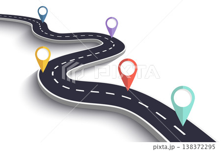 Winding Road on a White Isolated Background. Road way location infographic template with pin pointer. Vector EPS 10 Winding Road on a White Isolated Background. Road way location infographic template with pin pointer. Vector EPS 10 138372295