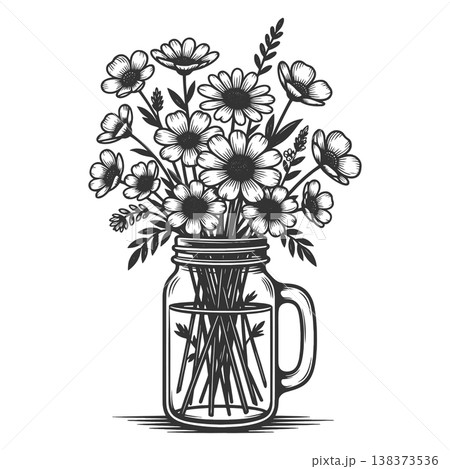 Wildflower Bouquet Mason Jar raster illustration Wildflower Bouquet Mason Jar raster illustration 138373536