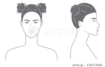 Space Buns hairstyle black white front profile views, double bun hair shape symmetrical composition for avatar, Space Buns hairstyle black white front profile views, double bun hair shape symmetrical composition for avatar, 138373686