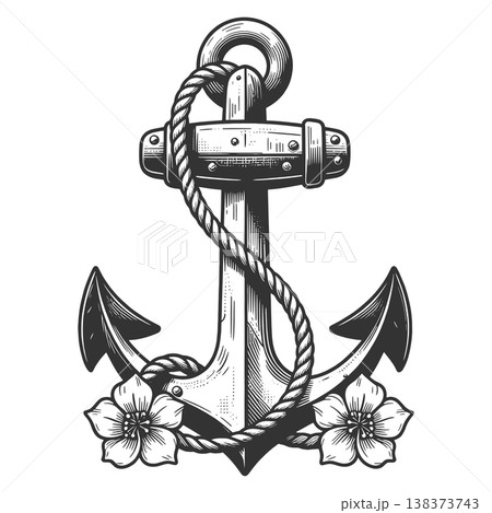 Nautical Anchor With Rope And Flowers vector 138373743